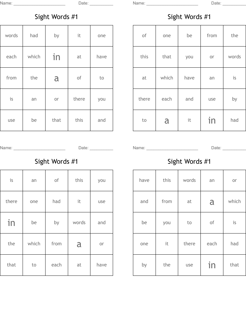 Sight Words #1 Bingo Cards