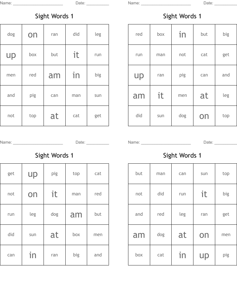 Sight Words 1 Bingo Cards