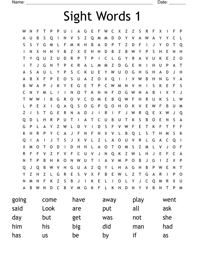 Sight Words 1 Word Search