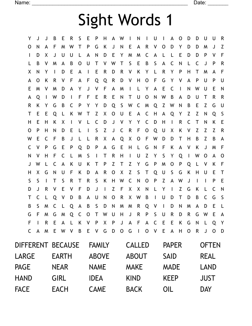 Sight Words 1 Word Search