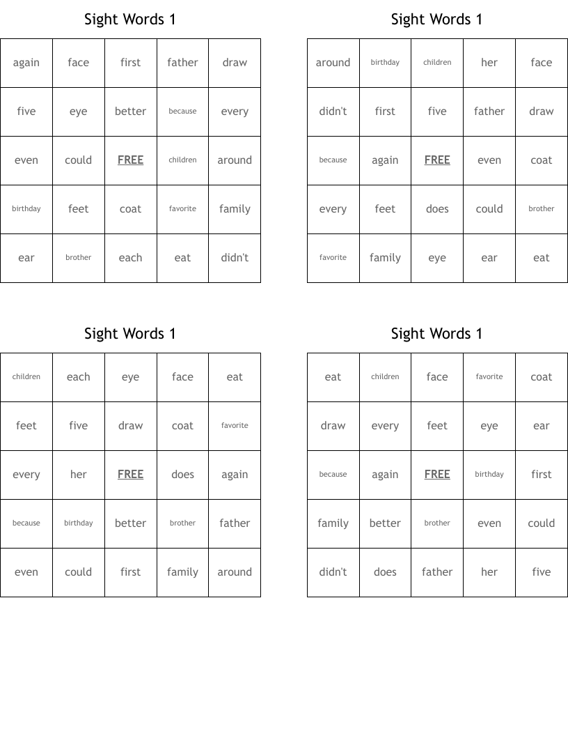 Sight Words 1 Bingo Cards