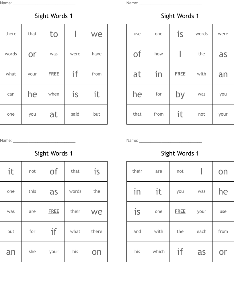 Sight Words 1 Bingo Cards