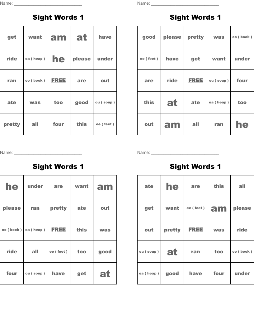 Sight Words 1 Bingo Cards