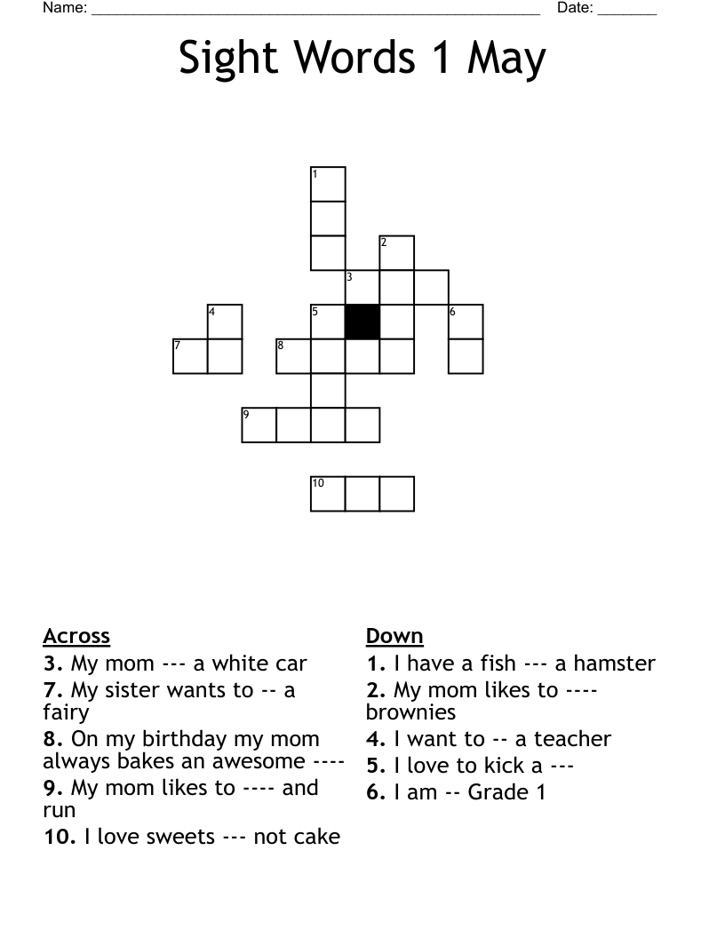 Sight Words 1 May Crossword