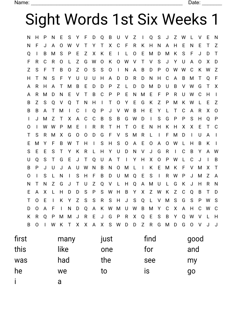Sight Words 1st Six Weeks 1 Word Search