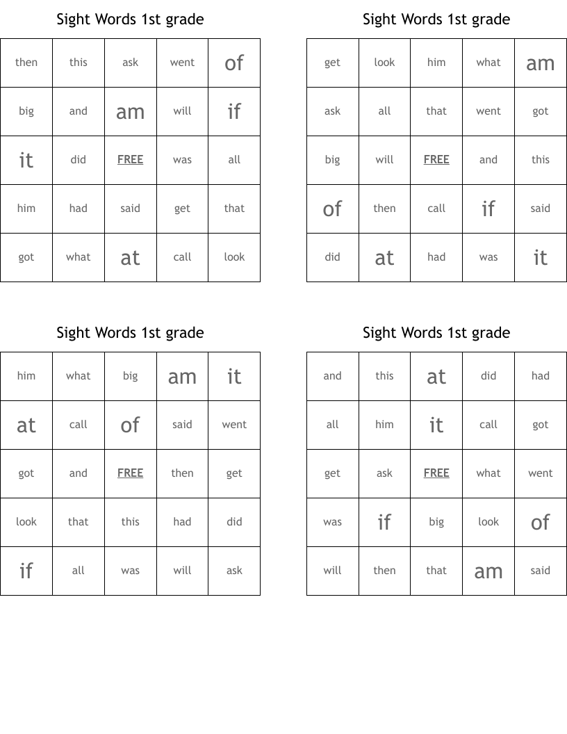 Sight Words 1st grade Bingo Cards