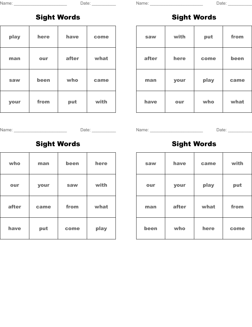 Sight Words Bingo Cards
