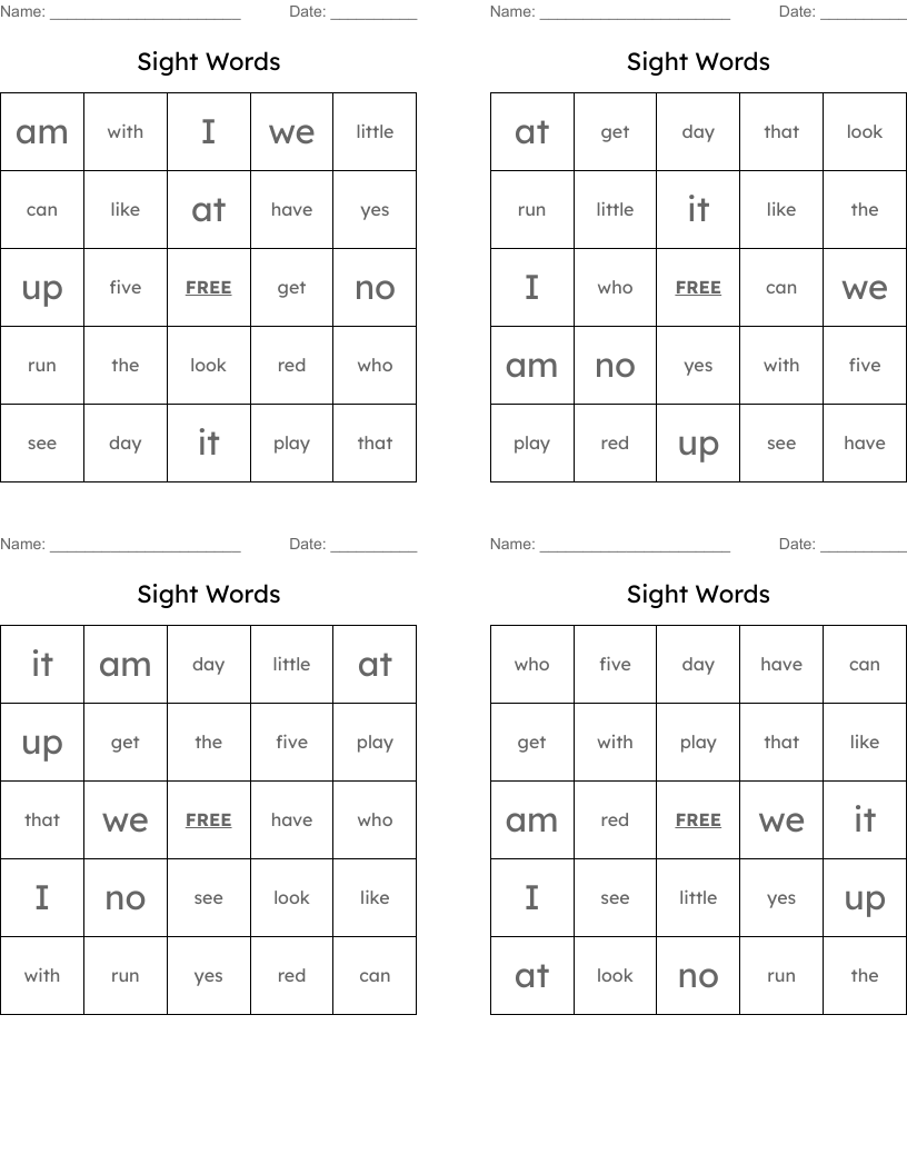 Sight Words Bingo Cards