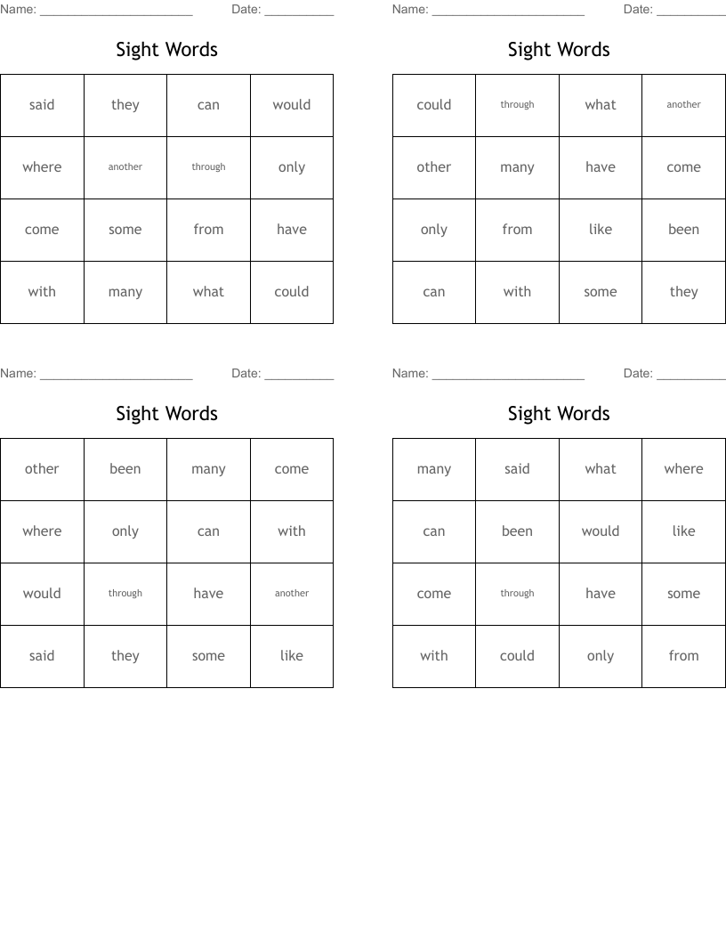Sight Words Bingo Cards