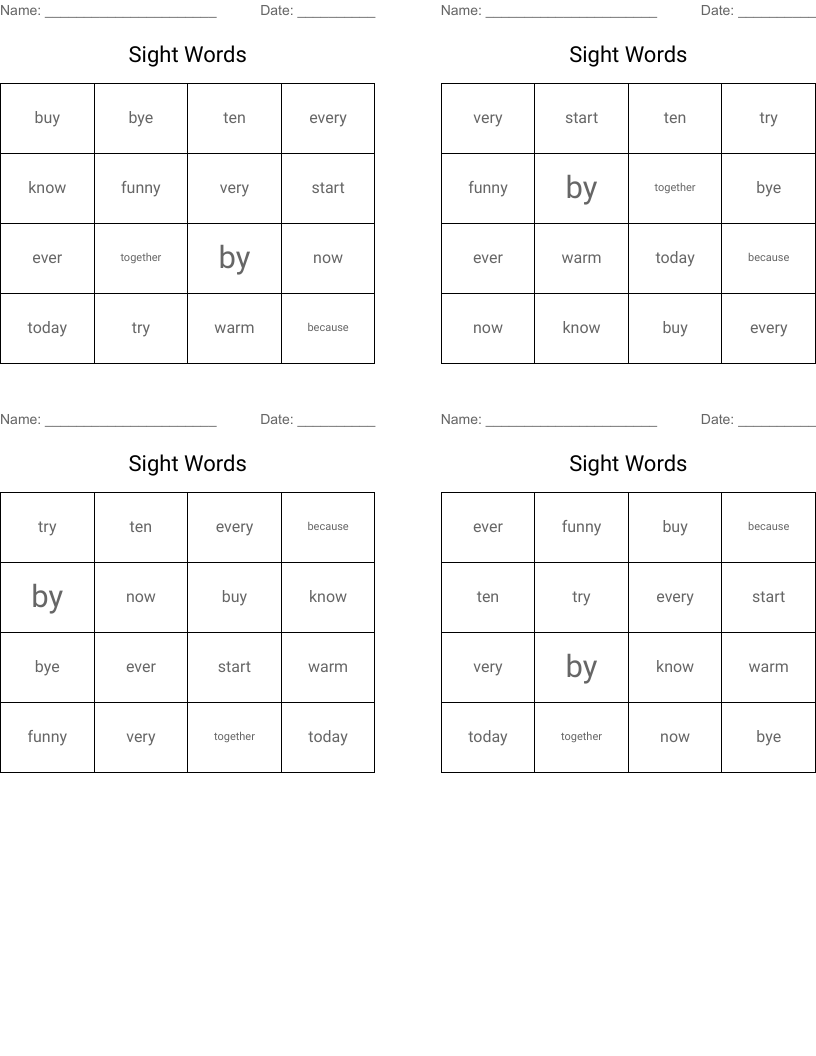 Sight Words Bingo Cards