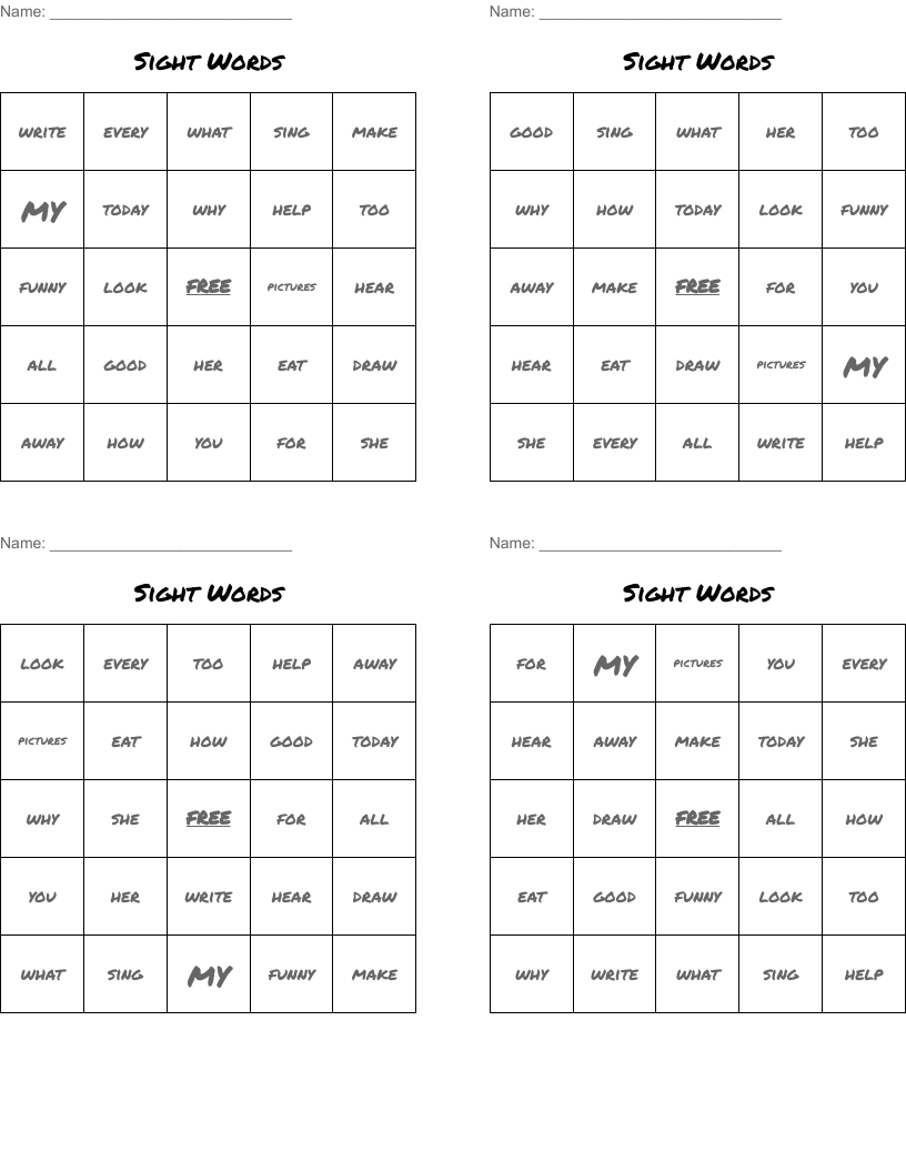 Sight Words Bingo Cards