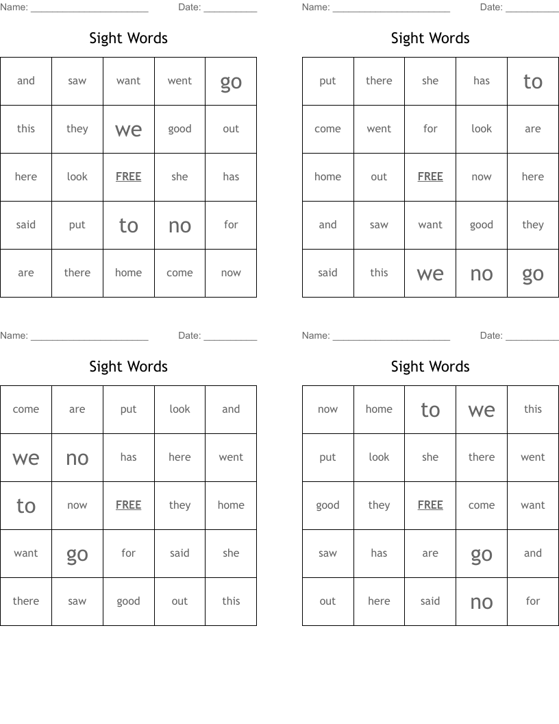 Sight Words Bingo Cards