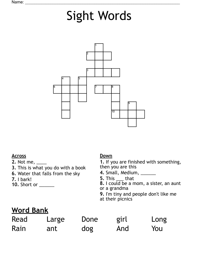 Sight Words Crossword