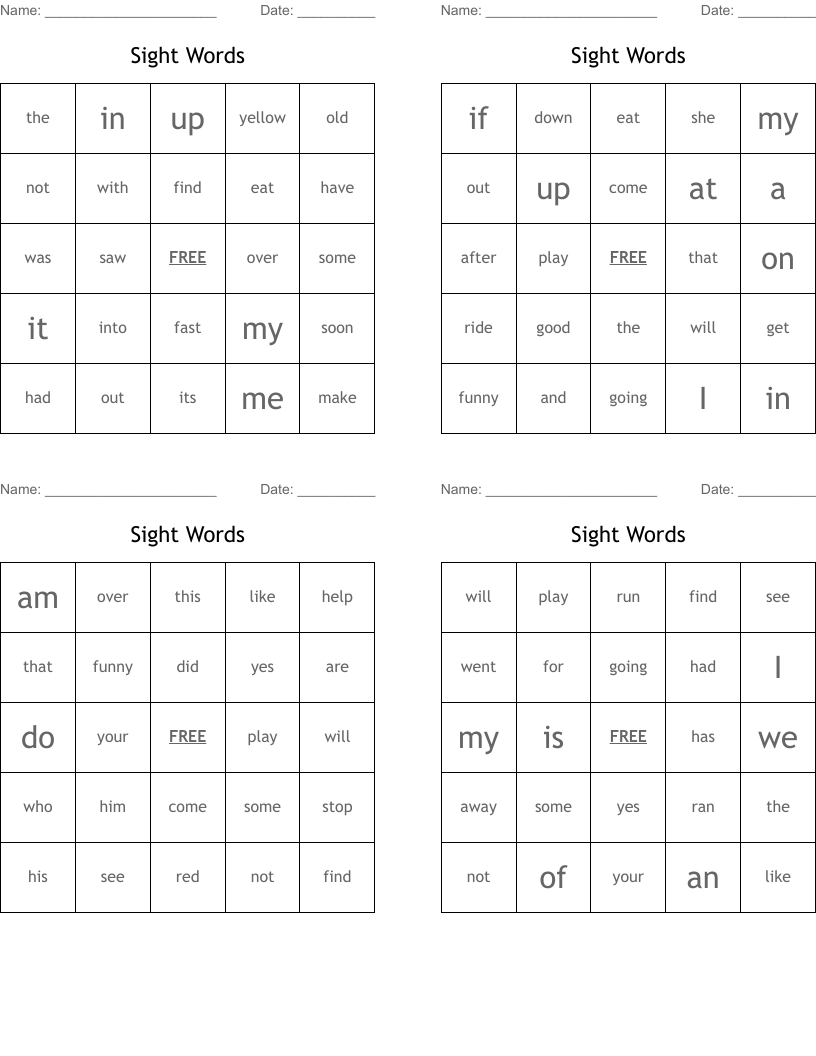 Sight Words Bingo Cards