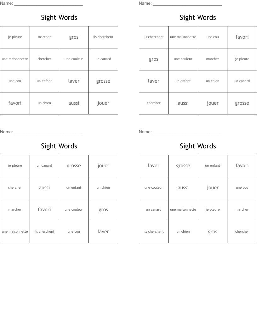 Sight Words Bingo Cards