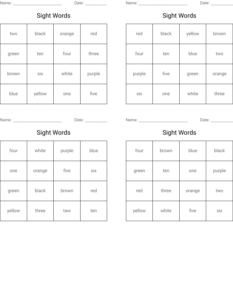 Sight Words Bingo Cards