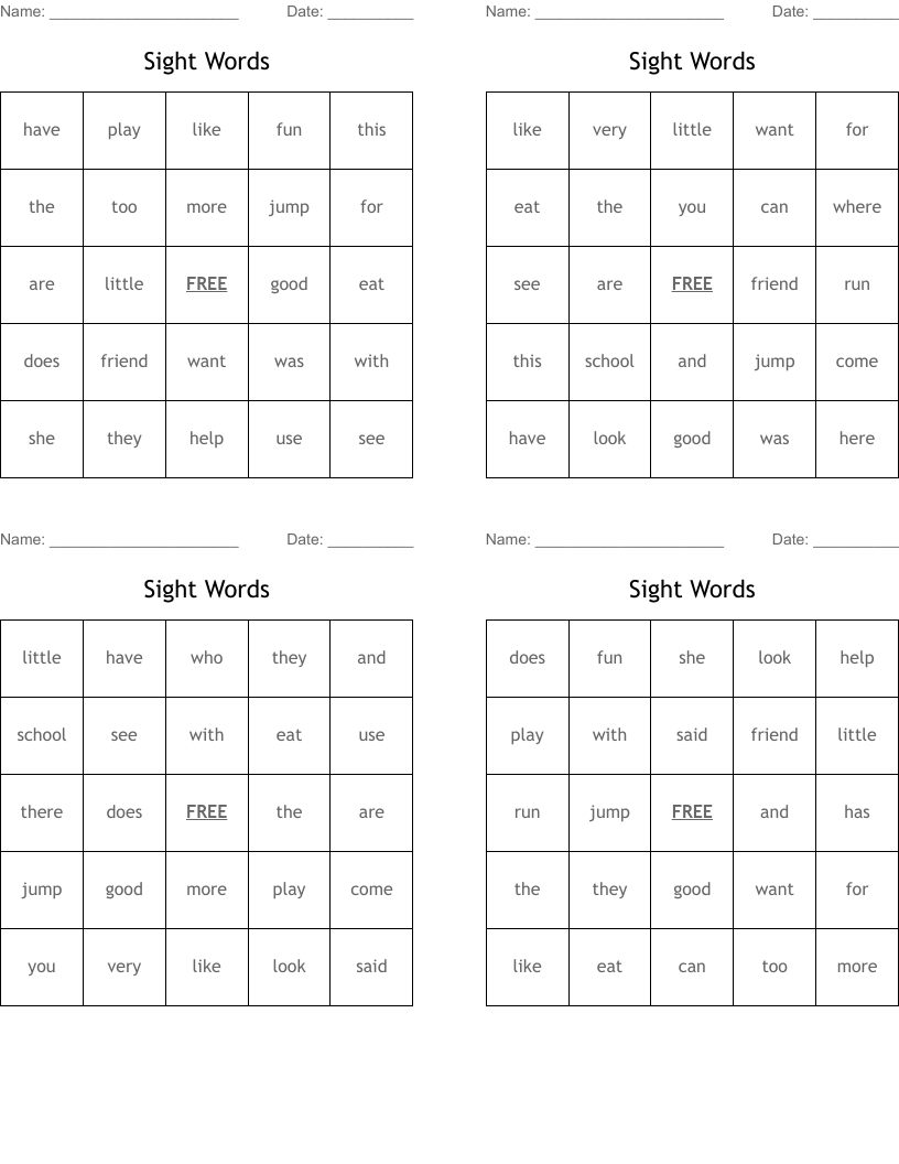 Sight Words Bingo Cards