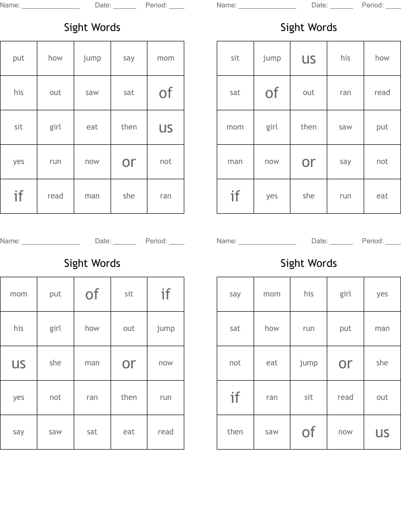 Sight Words Bingo Cards