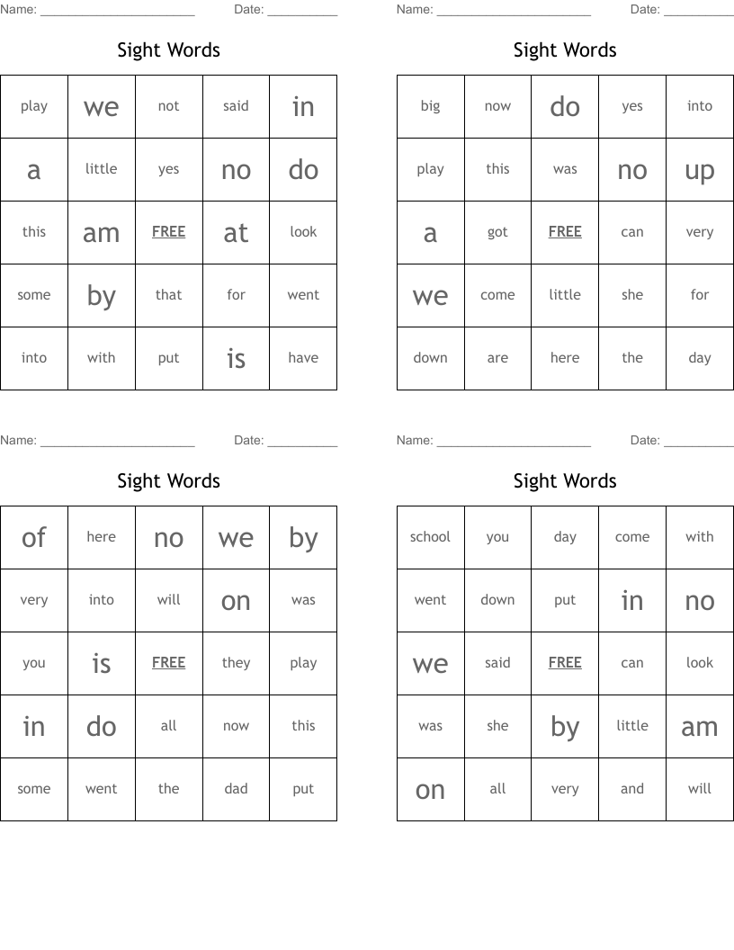 Sight Words Bingo Cards