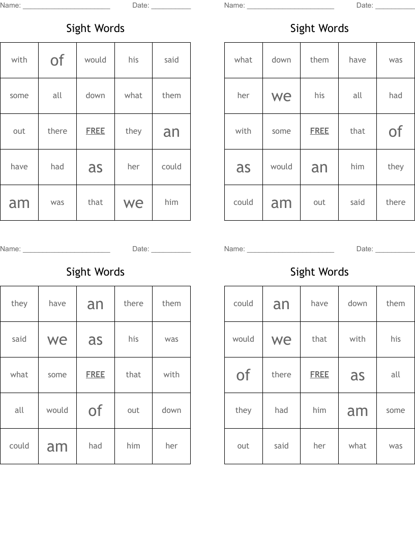 Sight Words Bingo Cards