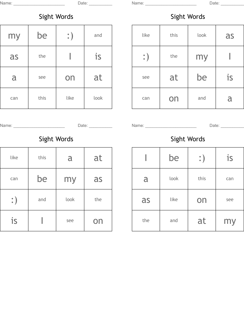 Sight Words Bingo Cards