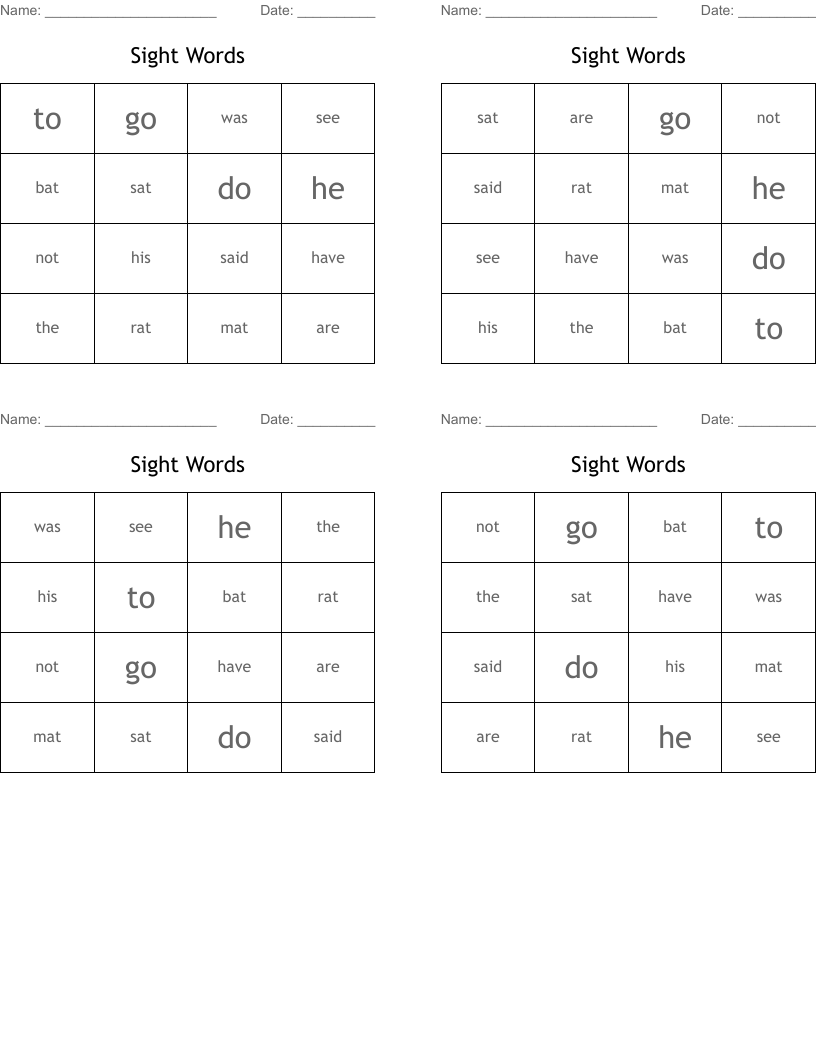 Sight Words Bingo Cards