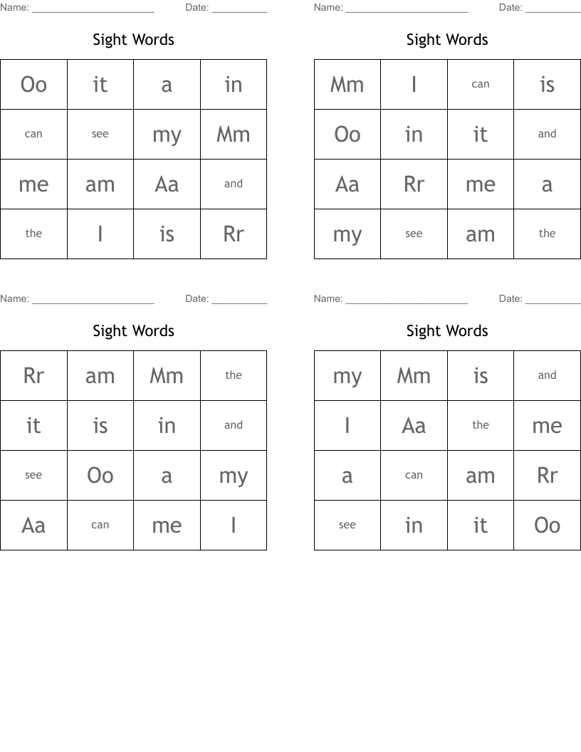 Sight Words Bingo Cards