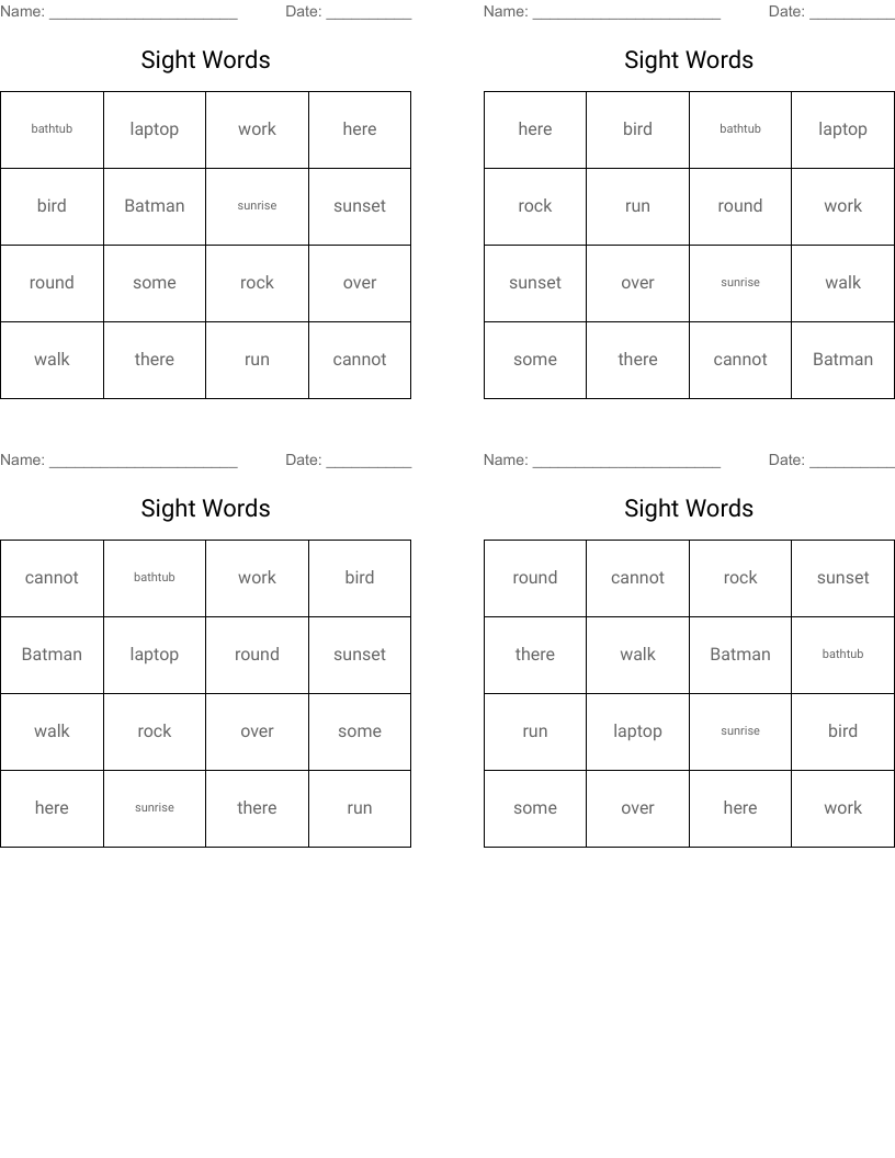 Sight Words Bingo Cards
