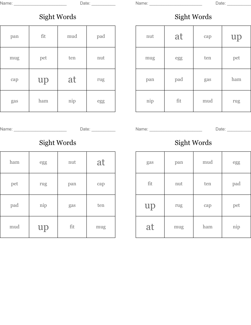 Sight Words Bingo Cards