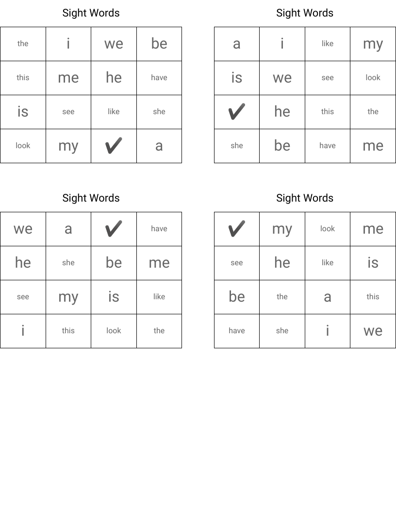 Sight Words Bingo Cards