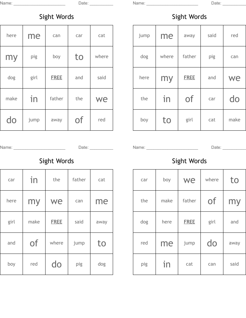 Sight Words Bingo Cards