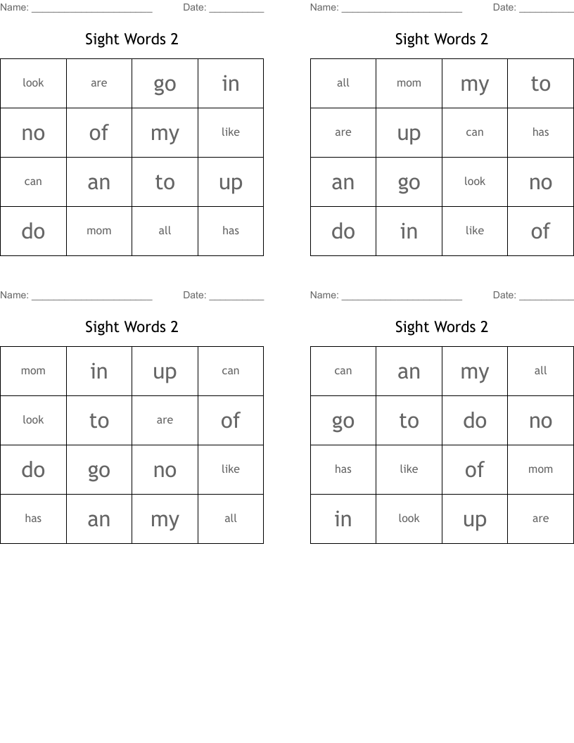 Sight Words 2 Bingo Cards