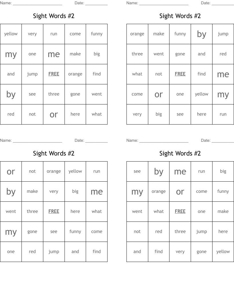 Sight Words #2 Bingo Cards
