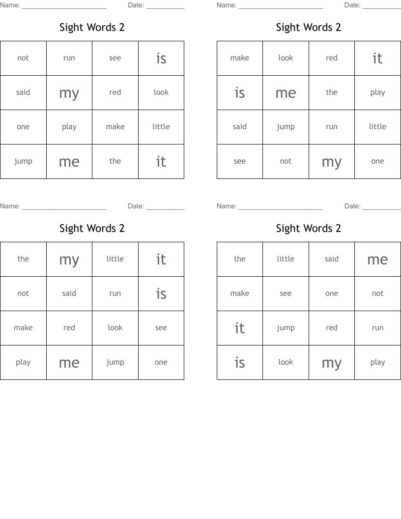 Sight Words 2 Bingo Cards