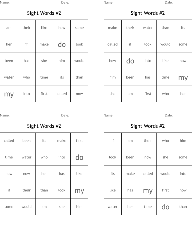 Sight Words #2 Bingo Cards