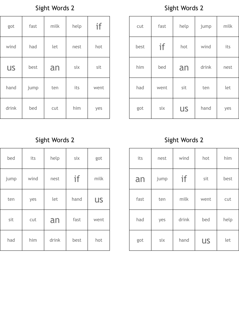 Sight Words 2 Bingo Cards