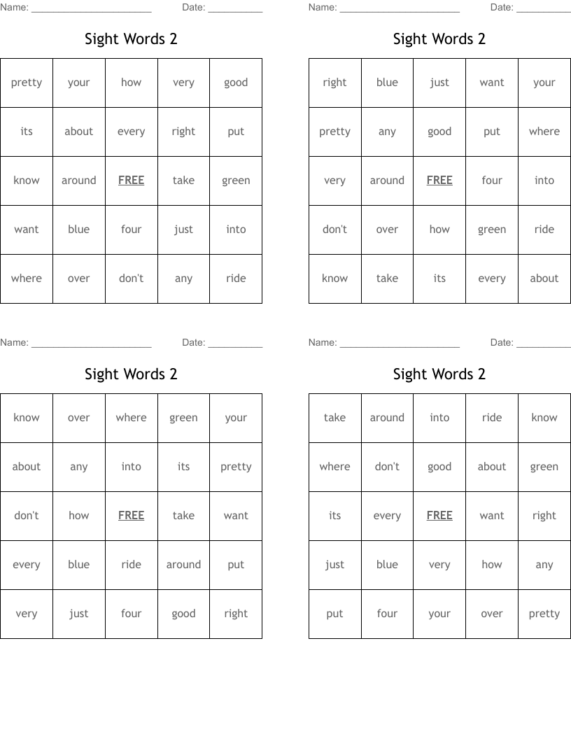 Sight Words 2 Bingo Cards