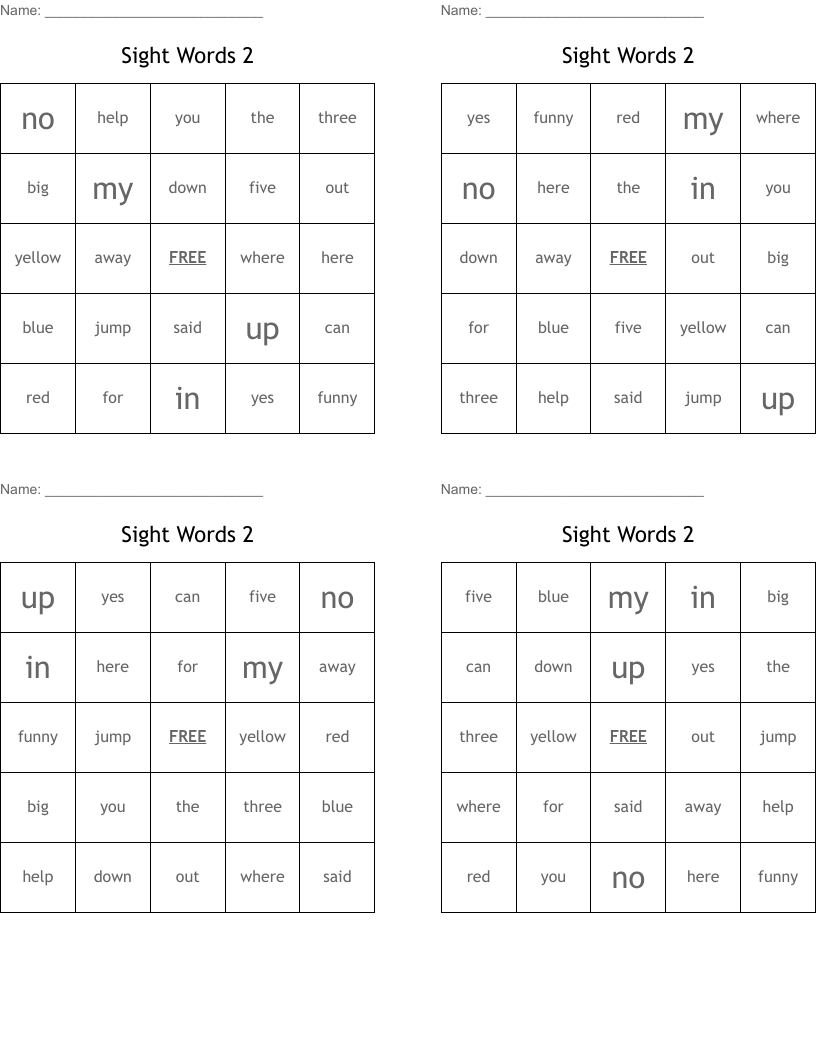 Sight Words 2 Bingo Cards