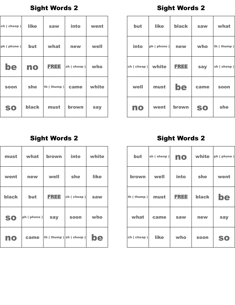 Sight Words 2 Bingo Cards