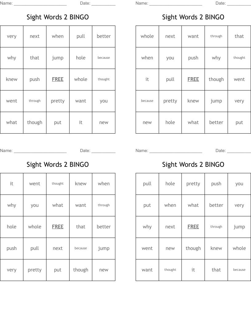 Sight Words 2 BINGO