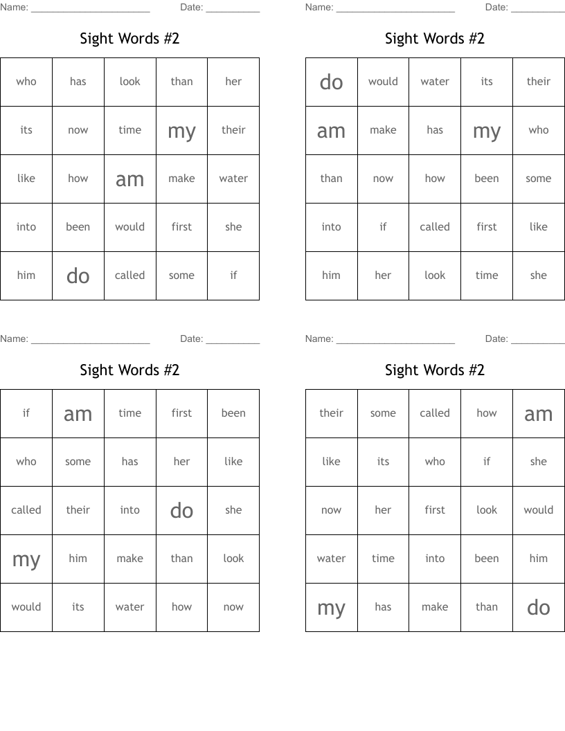 Sight Words #2  Bingo Cards