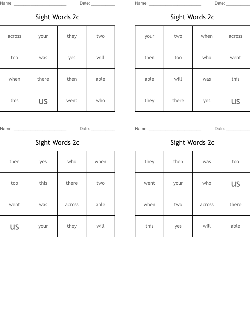 Sight Words 2c Bingo Cards