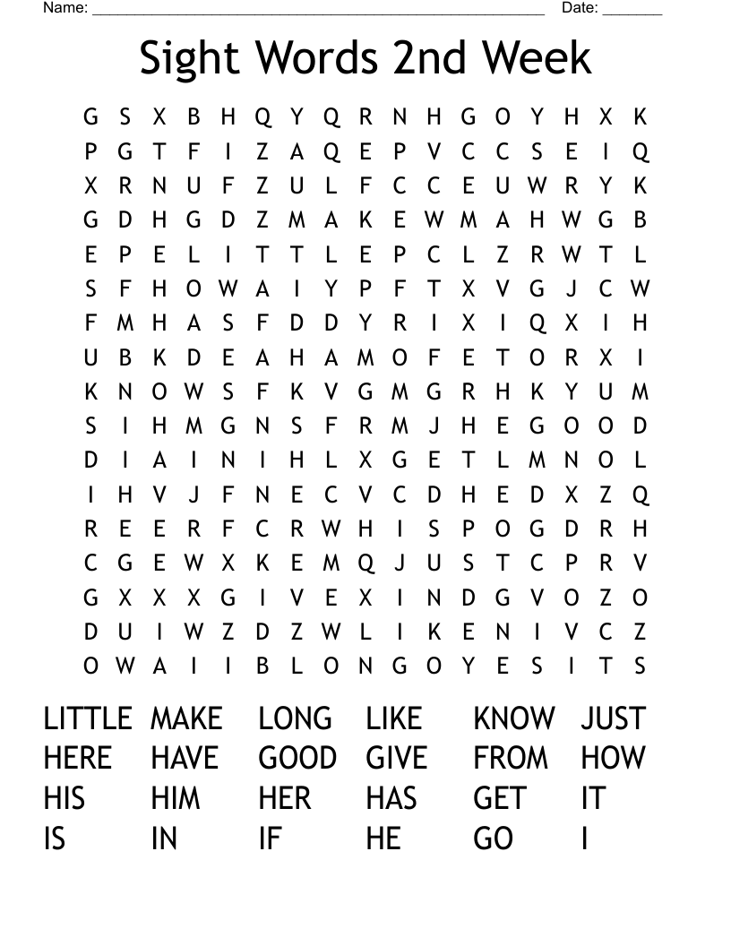 Sight Words 2nd Week Word Search