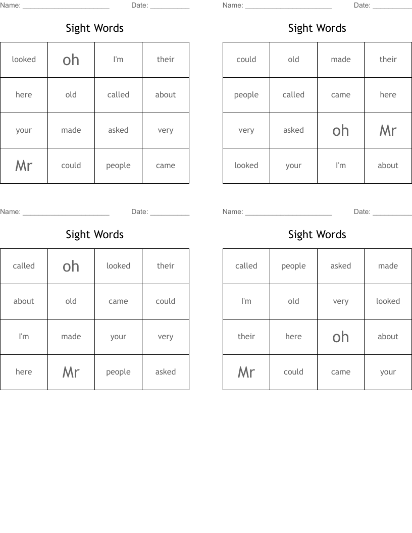 Sight Words Bingo Cards