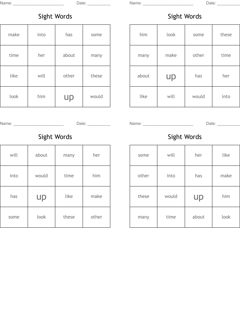 Sight Words Bingo Cards