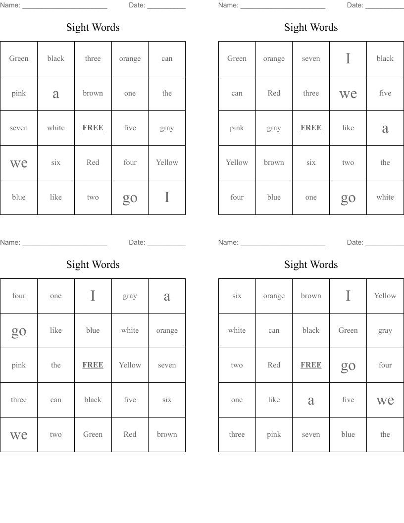 Sight Words Bingo Cards