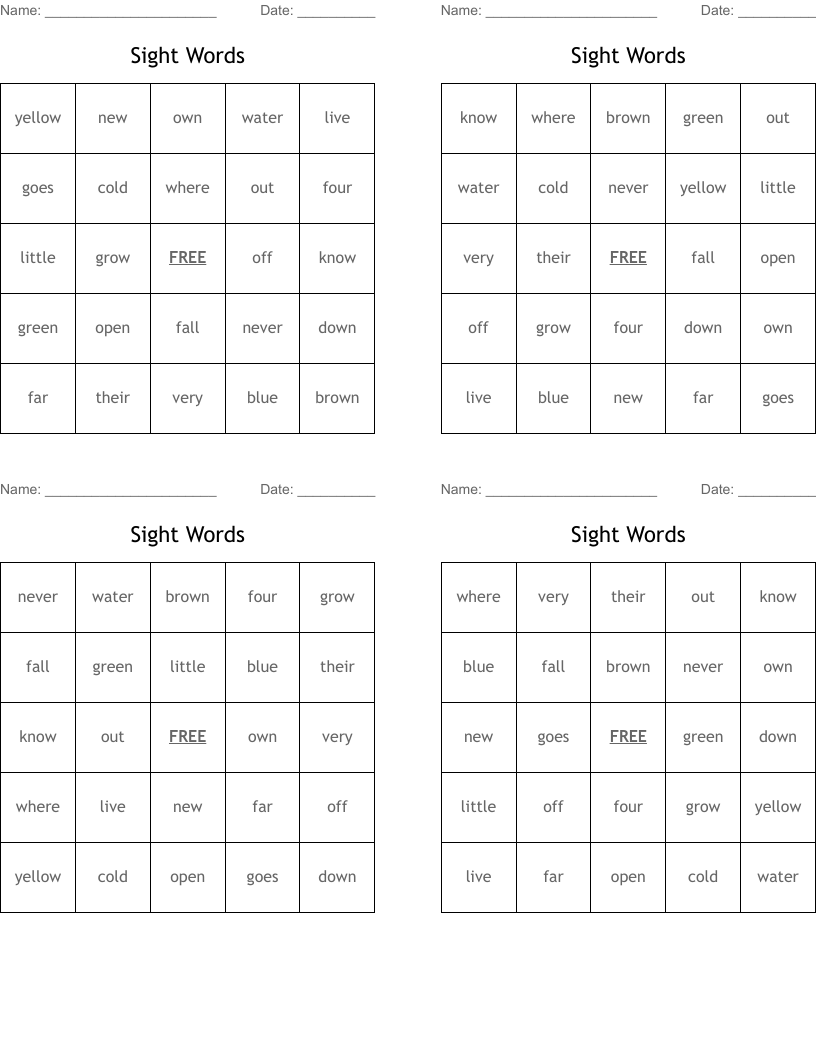 Sight Words Bingo Cards