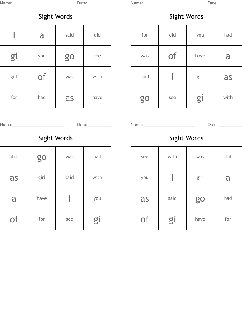 Sight Words Bingo Cards