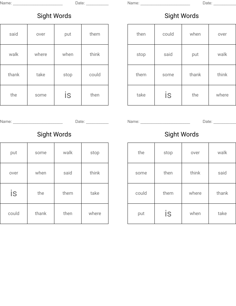 Sight Words Bingo Cards