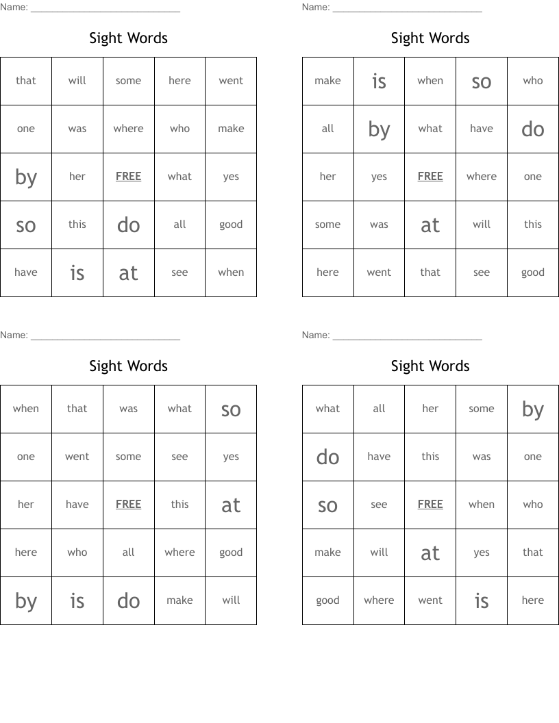 Sight Words Bingo Cards